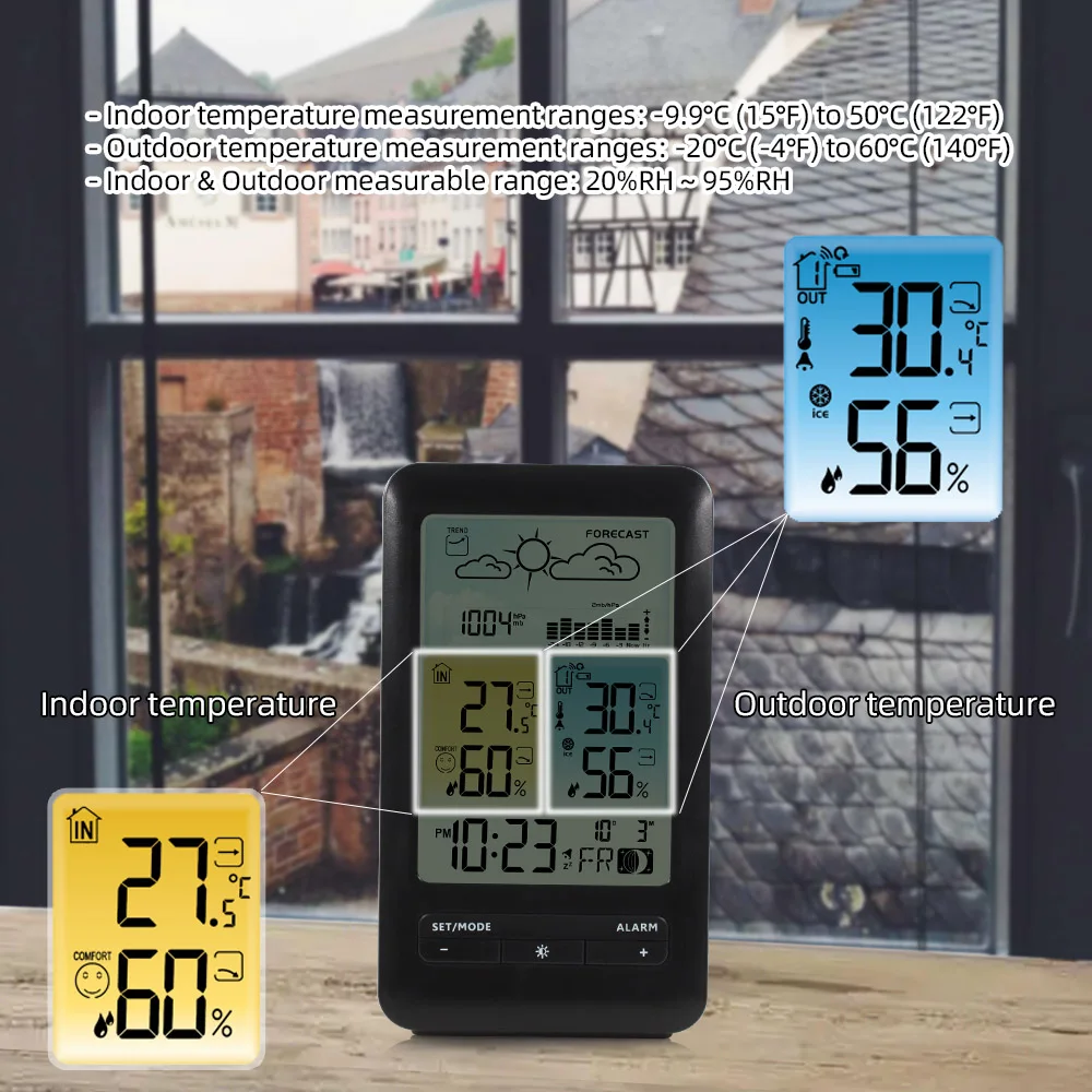 LCD Weather Station Alarm Clock with Snooze Digital Temperature Humidity Monitor Backlight/ Date/ Week/ Moon Phase/ Comfort