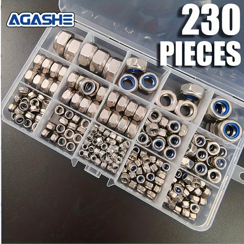 

AGASHE 230 pcs 304 Stainless Steel Metric Lock Nuts Kit: Polished, Nylon Inserted Hex (M3-M12), DIN985. Resists loosening in vib