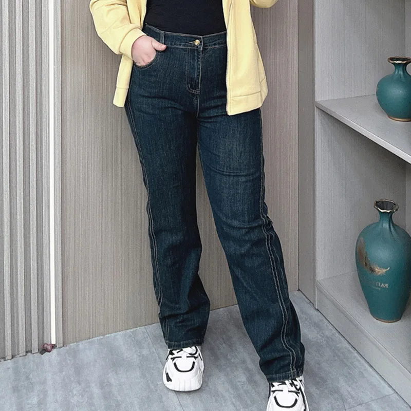 Autumn Straight Jeans Size XL XXL Women Loose Slim Fashion Stretched Denim Side Splicing Cigarette Long Pants 8808