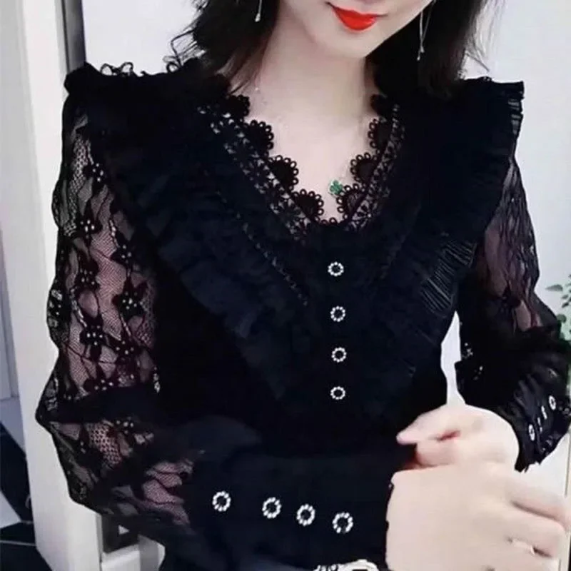 

Elegant V-Neck Lace Spliced Beading Ruffles Blouses Women Clothing Winter Loose Commute Pullovers Office Lady Shirts XT819