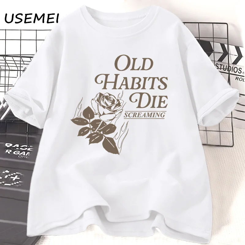 Old Habits Die Screaming T Shirt Women The Tortured Poets Department Ttpd Slower T-shirt Cotton Short Sleeve Graphic T Shirts