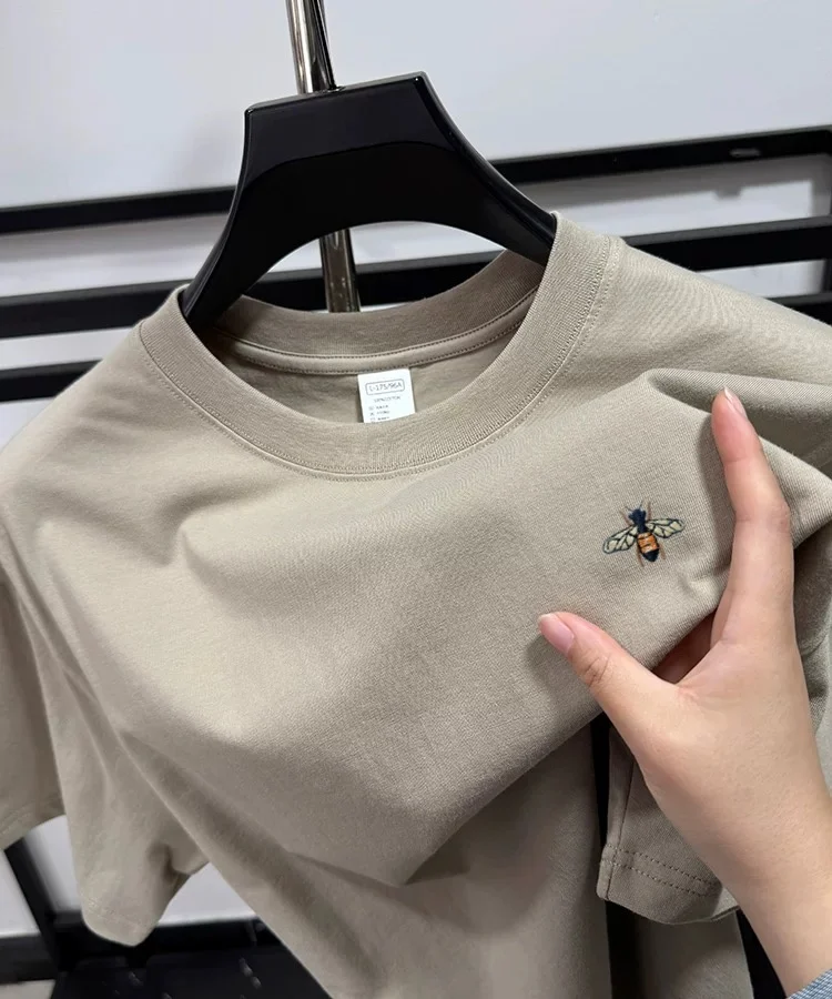 Fashion brand bee embroidery short sleeve T-shirt summer 100% cotton breathable round neck top Korean loose casual men's wear image 4
