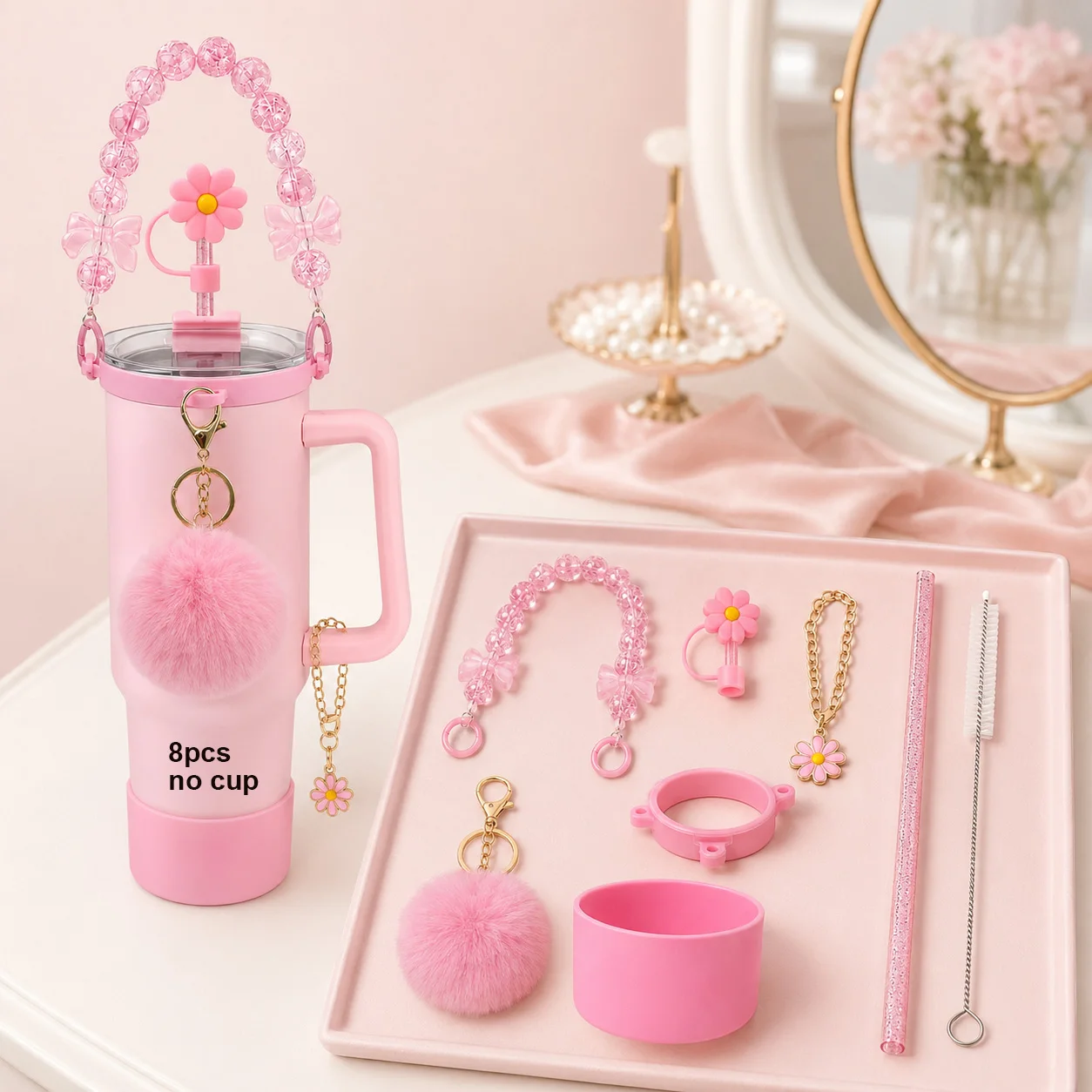 8pcs Cup Accessories Set for Stanley, Silicone Flower Straw Cover, Pom pom Charm, Beaded Carry Handle for Women Cup Decoration