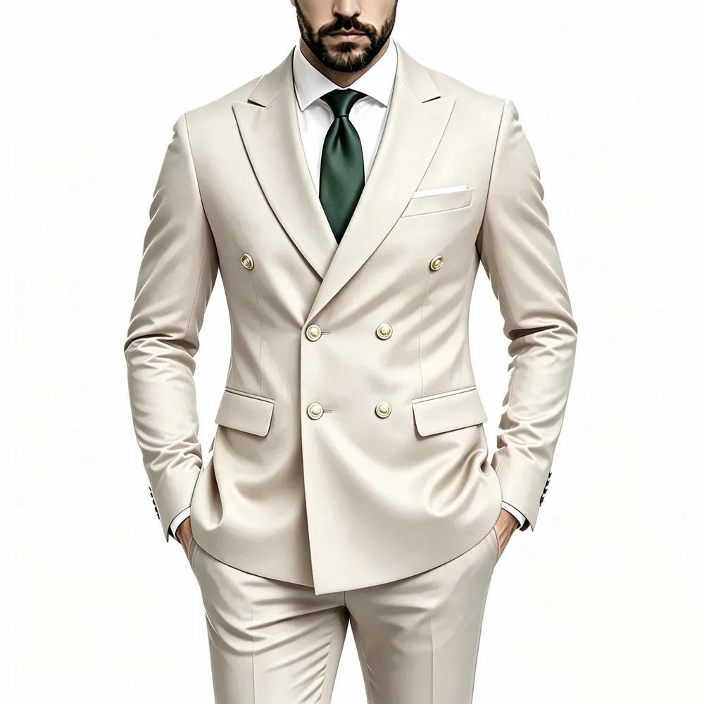 Men's Peak Lapel Double Breasted Golden Button Flap Pocket Business Commute Suit Men Trending Luxury Formal Slim Fit Groom Suit
