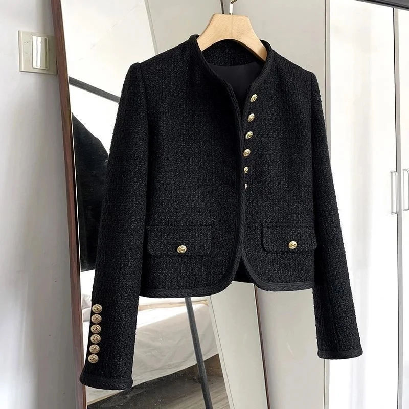 

2024 Spring Autumn New Korean Short Women Woolen Coat Fashion Long Sleeve Casual Female Coats Elegant Woman Tweed Jackets Tops