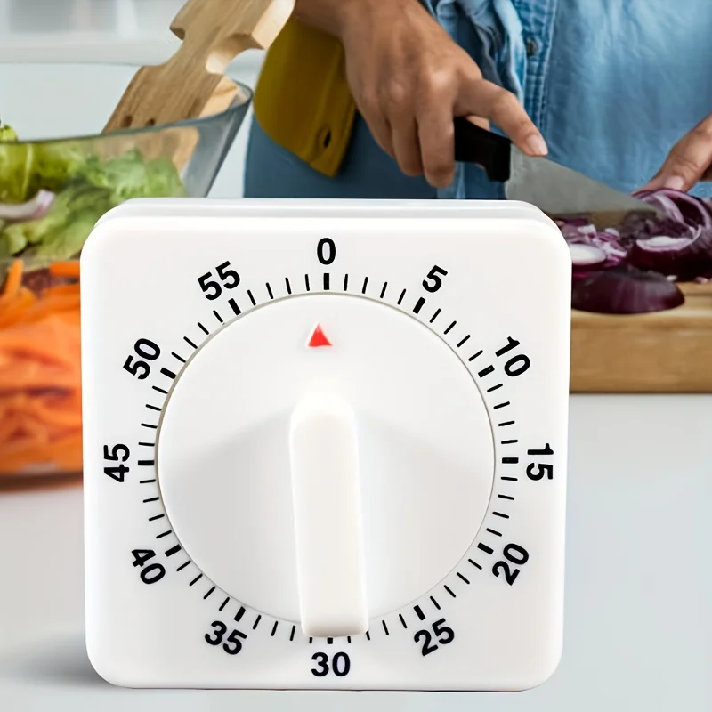 Mechanical 60-Minute Kitchen Timer No Battery ABS Plastic White Cooking Timer Red Pointer for Baking Frying Boiling