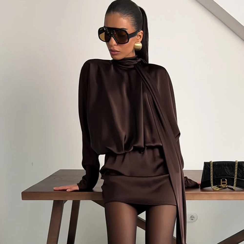 

Tuularose Luxury Satin Dress Summer Fashion Scarf Ribbon Solid Ruffled Pleated Mini Dress Elegant New Women's Party Dresses 2026