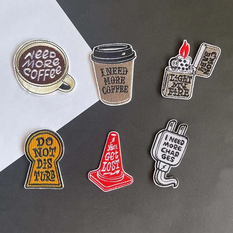 6PCS/Coffee Cup,Traffic Cone,Lighter Fabric Stickers Patch Thermocollant Embroidery Applique Iron On Patches For Clothing,Jean