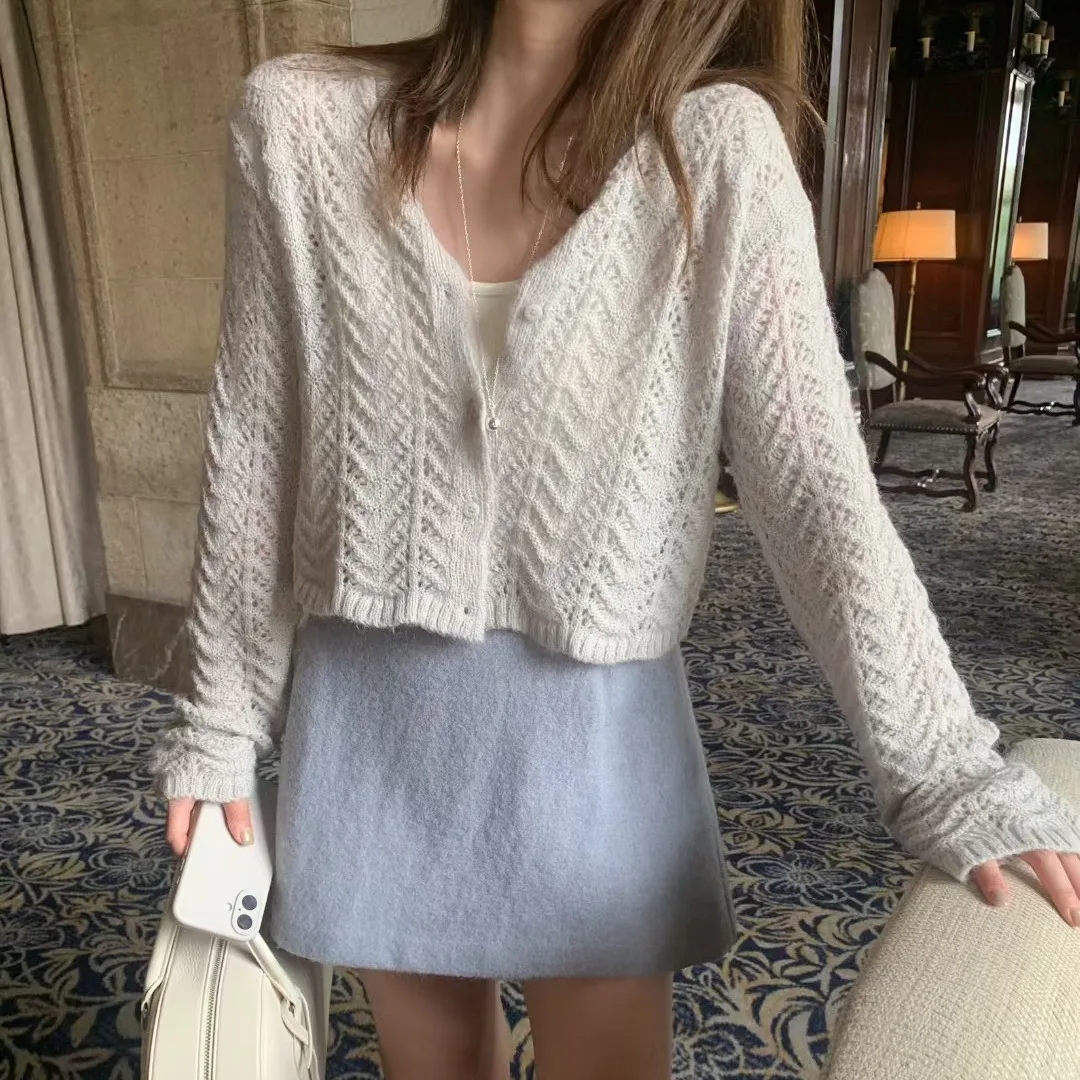 

Korean Sle Women's Knitted Hollow Long Sve Sweater Faionable Slimming Spring Autumn New Sle Versatile Commute ential