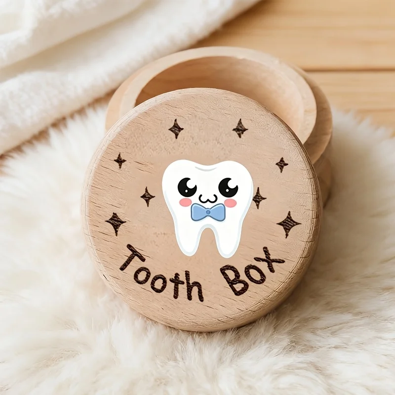 Cute Cartoon Design 2D Wooden Box Baby Teeth Fetal Hair Preservation Souvenir Precious Birth Gift Childish Charm Memory Keepsake