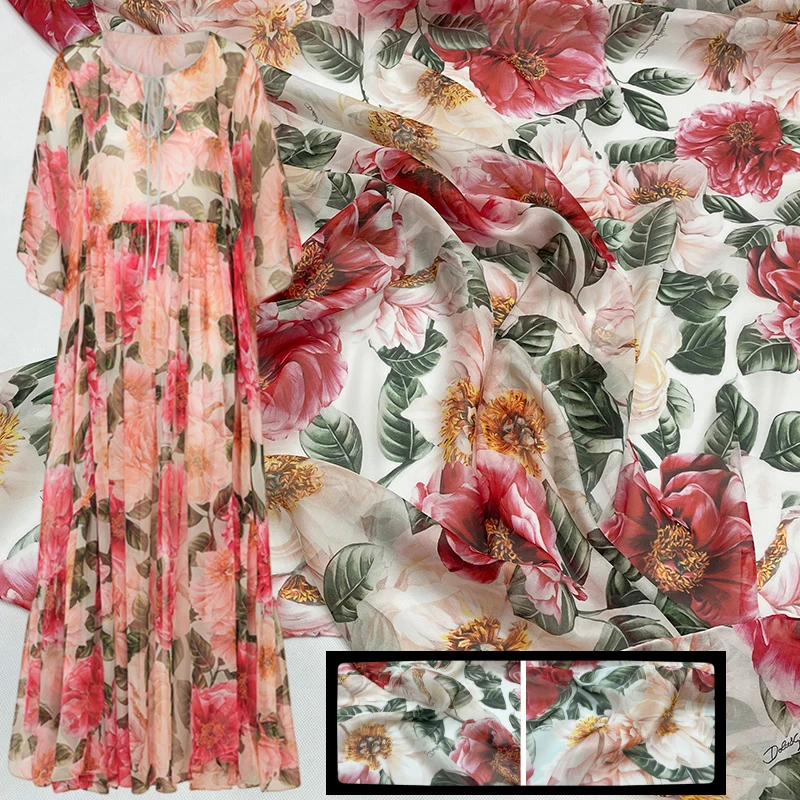 Italian Luxury Brand Letter Peony Print Fabric 100% Polyester Chiffon Fashion Design Fabrics Cloth for Dress by the Meter