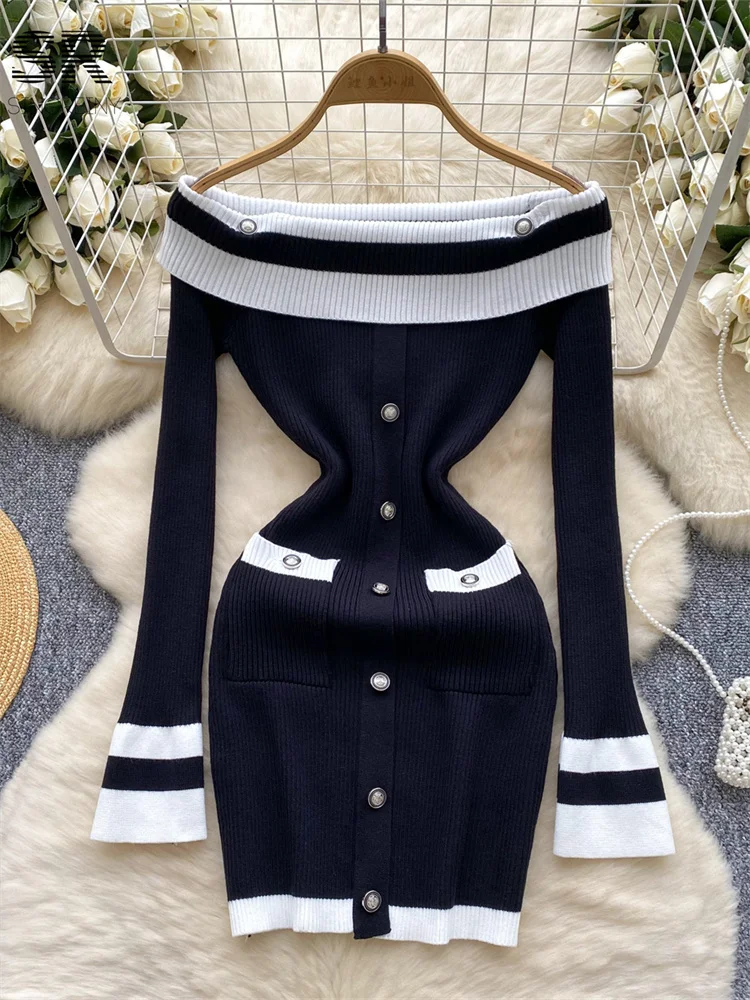 SINGREINY Winter Stripe Knit Dress Woman Long Sleeve Off Shoulder Button Design Slim Elastic Bodycon Senior Basics Mini Dresses