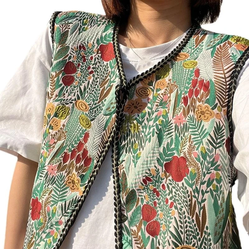 N5KF Women Sleeveless Position Floral Embroidery Short Vest Ladies Cardigan