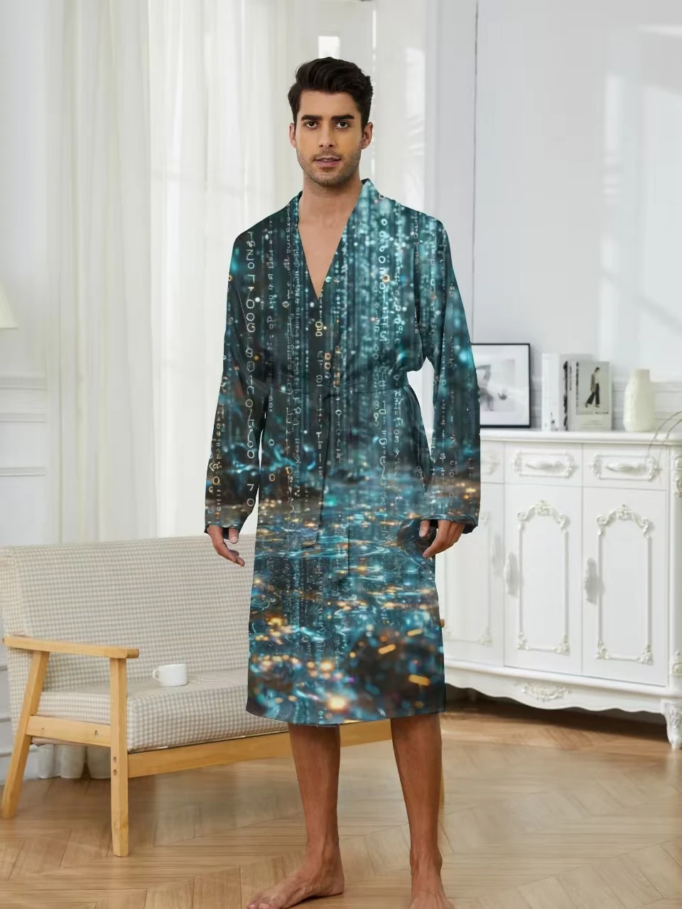 Men's bathrobes with trendy digital printing at home, and spring and autumn men's casual Long Nightgown with quick drying.