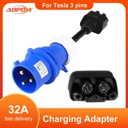 ADPOW For Tesla Model 3 S X Y Gen 2 3Pin Adapter Blue CEE Plug EV Connector Fast Charger Extension Cord Adapters 240V 32A
