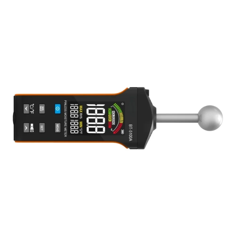 BT-5100A Pinless Moisture Meter For Wood And Walls, 0-100% Humidity Tester With Spherical Probe, 20-40mm Depth Detection, LCD Di