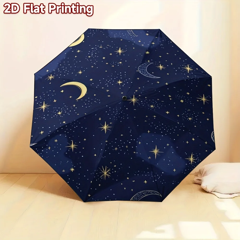 

Зонт-автомат «Звездное небо» с золотыми звездами и луной, темно-синий, 8 спиц, компактный складной, ветрозащитный, 1 шт.