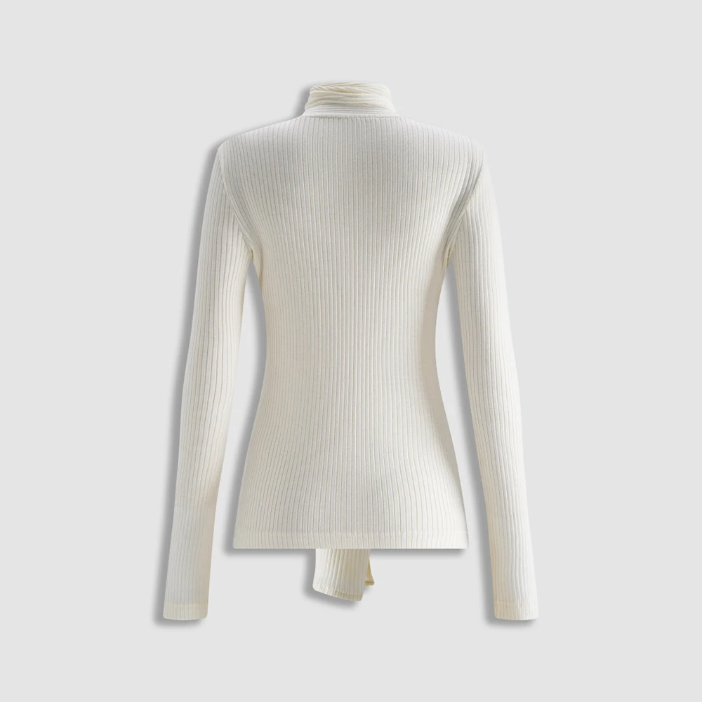 Women Wool Blend Knit Top Tie Neck Ribbed Long Sleeve Slim Fit Blouse Elegant Lady High Neck Bow Knitted Shirt Basic Sweater