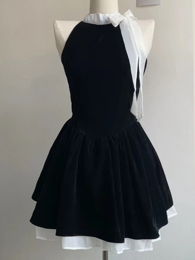 Women Old Money French Vintage Sleeveless Dress Birthday Party Contrast Color Mini Frocks Elegant Luxury One-Piece Ballet Core