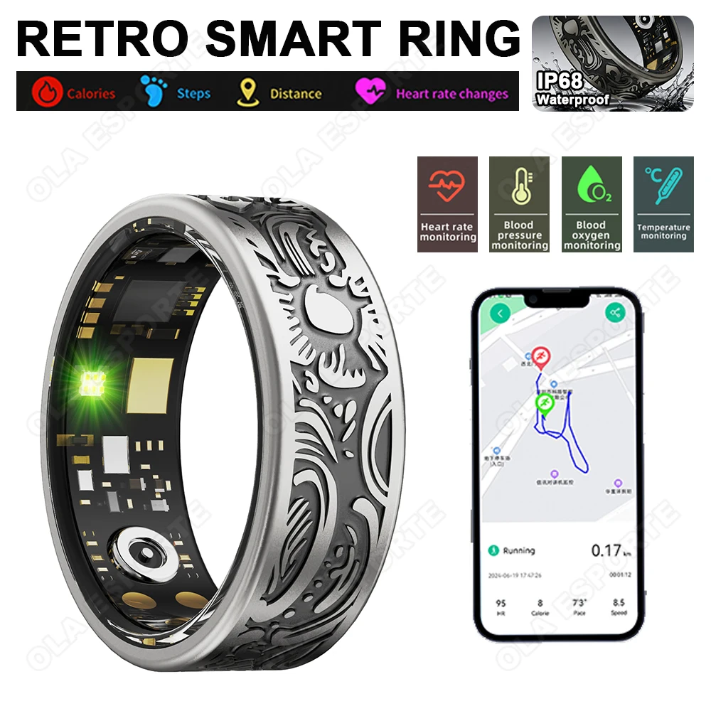

Retro Smart Ring For Men Women Bluetooth Connection Sleep Heart Rate Health Monitor Pedometer Multiple Sports Modes Smart Ring