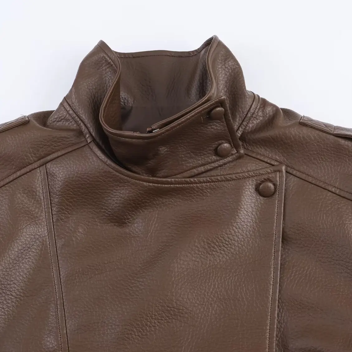 KASLEAD New Faionable Women's Leather Jaet ort Outerwear Sli Synthetic Leather Long Sve Stand Collar Coat