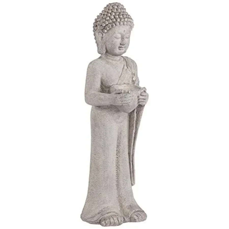 Standing Buddha 32 High Gray Indoor-Outdoor Statue: weather-resistant resin, matte gray finish, serene expression, ideal for ga