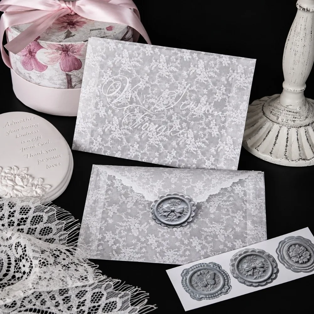 4pcs Per Set Lace Paper Envelope Paper Material Transparent Lace Postcard Storage Bag Hollow Wedding Invitation Envelopes