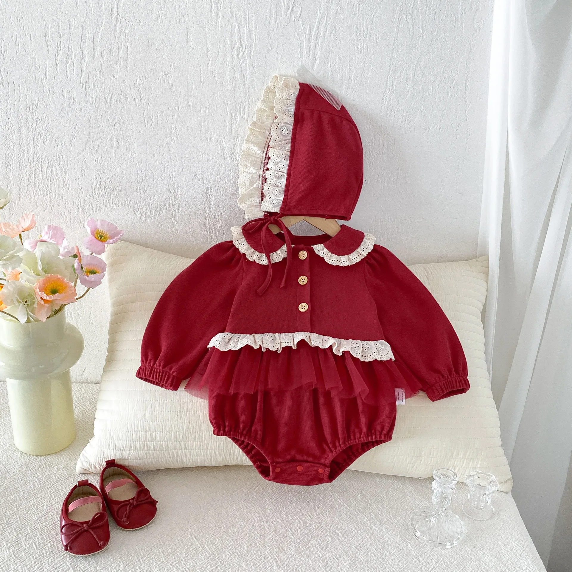 Baby Bodysuits 2026 Autumn Infant Girls One Pieces Clothes Newborn Red Long Sleeve Romper with Hat Christmas Outfits