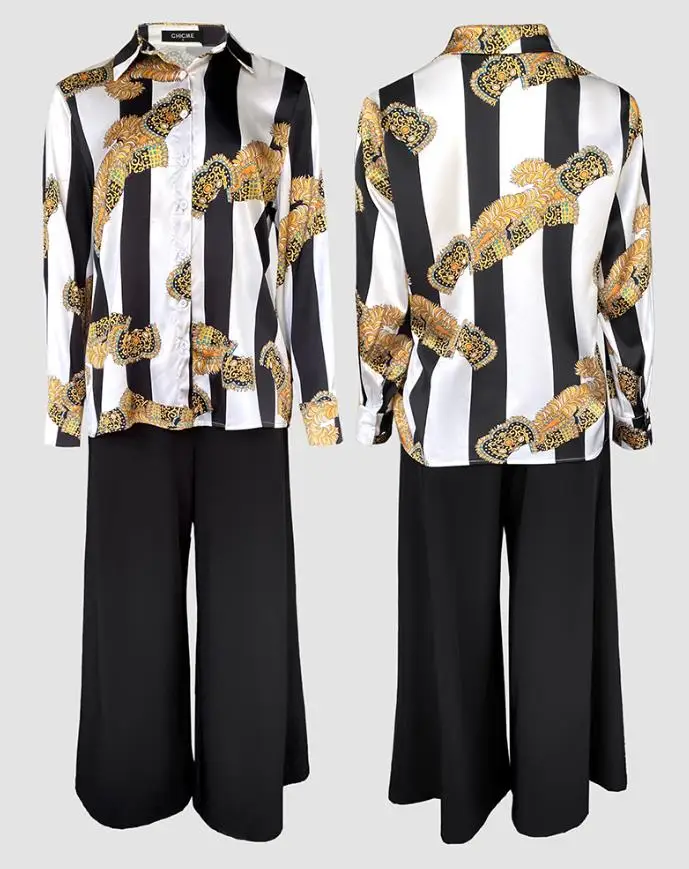 Ensemble deux pièces pour femmes, tenue rayée, imprimé Floral doré, col rabattu, boutons sur le devant, haut et pantalon décontracté, taille haute, jambes larges