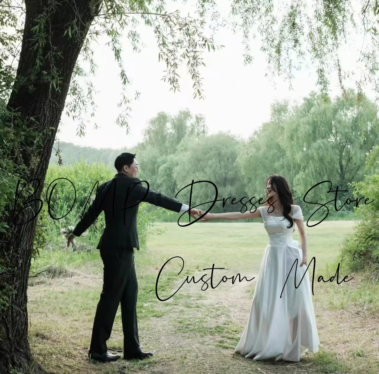 فستان BOMP أنيق لحفلات الزفاف على شكل قلب وأكمام قصيرة ثنيات بطول الأرض كوريا لالتقاط الصور فستان استقبال الزفاف حسب الطلب