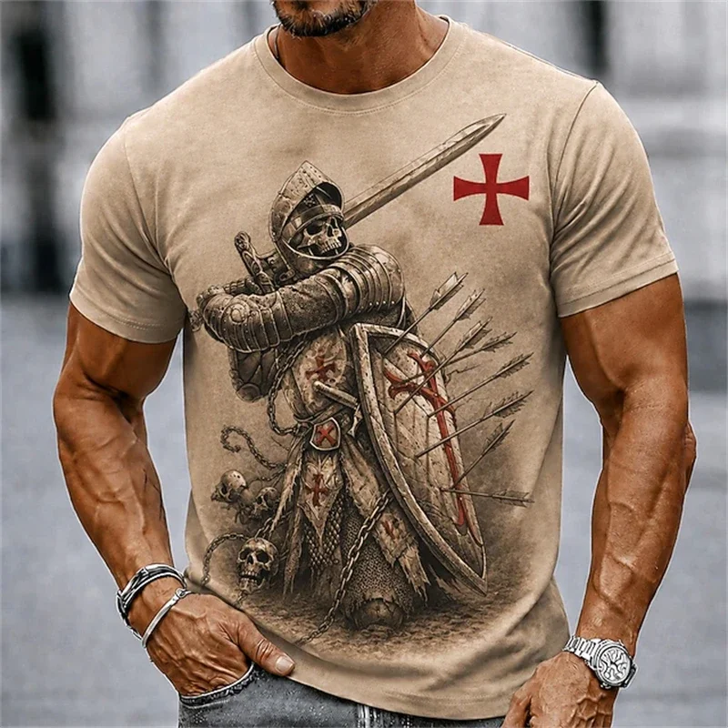 Vintage Templar Knight Graphic T‑Shirt 3D Skeleton Cross Print Short Sleeve Trend Gothic Style Streetwear Halloween Tops