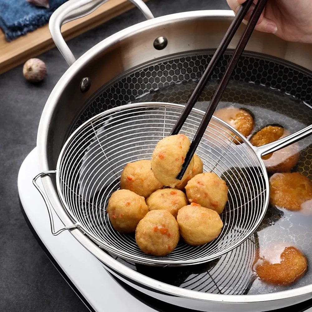 304 SS Skimmer for Asian Cuisine Pasta Noodles Fries Meat Fish Eggs Potatoes Chickpeas Hanging Hook Heat Insulated