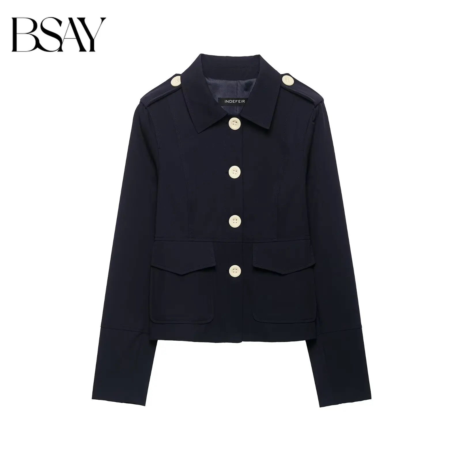 BSAY Vintage Office Women Contrast Button Cropped Blazer Lapel Collar Epaulet Decor Flap Pockets Sleeve Casual Work Short Jacket