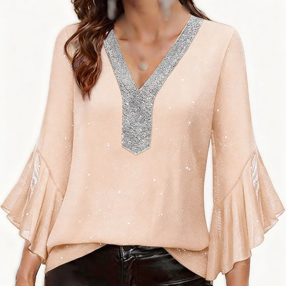 Women Sequin Splicing V-Neck Loose Long Sleeve Top Translucent Seven Point Flared Sleeve Design T-shirt