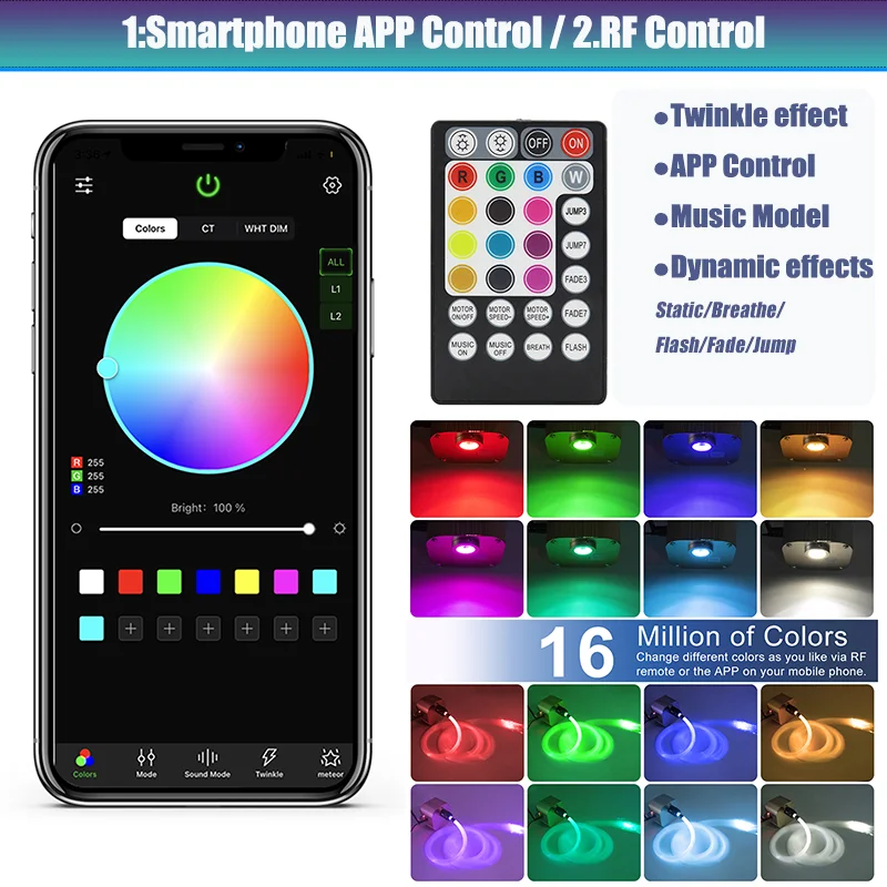 16W Starlight Headliner Kit Twinkle RGBW for Car Roof APP Music Control Starry Sky Fiber Optic Interior Atmosphere Light