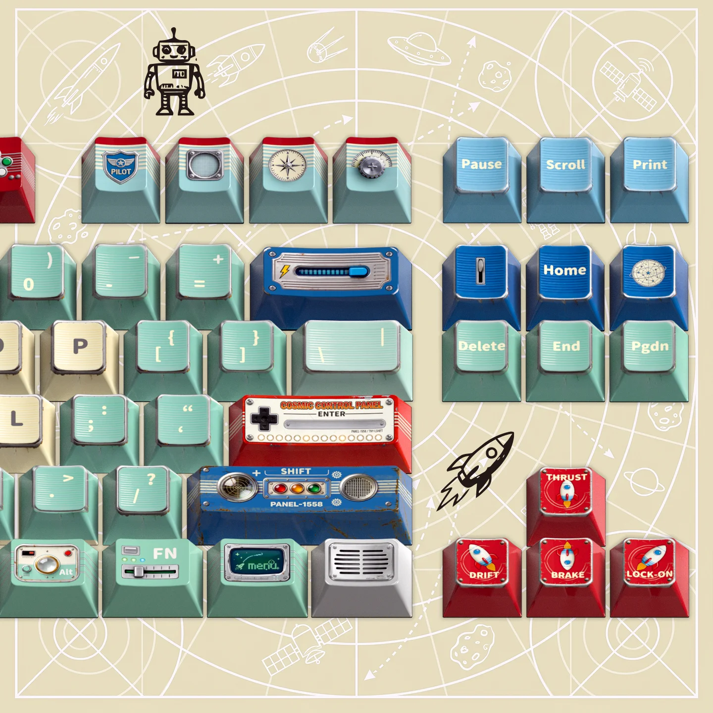 Custom Retro Tin Toy Robot Keycap Tin Print Planet Star Art MX Cross Stem Cherry Profile Desk Nostalgia Third Party