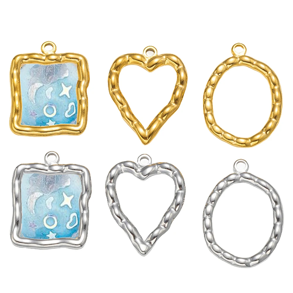 5pcs Stainless Steel Heart Round Open Back Bezel Pendants Hollow Frame Charms for Jewelry Making DIY Crafts Resin Casting Decor