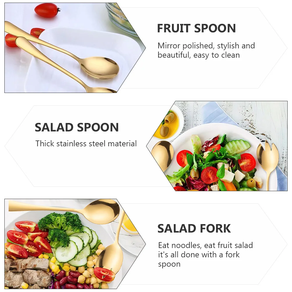 

2Pcs Portable Salad Serving Spoon Fork Stainless Steel Thick Handle Multifunctional for Fruit Salad Home Travel Business