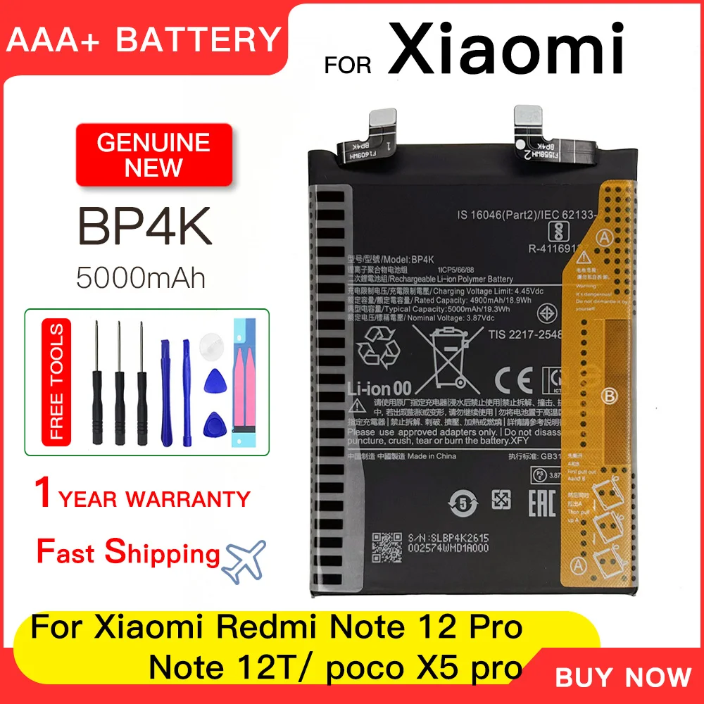 Genuine BP4K For Xiaomi Poco X5 Pro 5G/REDMI Note 12 Pro/Poco F5/Note 12 Turbo Replacement Battery Batteries Batteria + Free Too