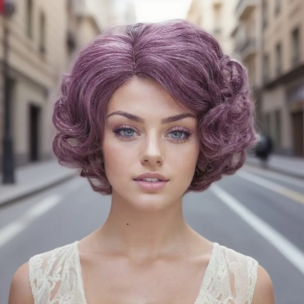 Heat Resistant Synthetic Short Curly Wig for Women Cosplay Bob Wig with Side Swept Bangs Blonde Green Orange Purple Color Wig
