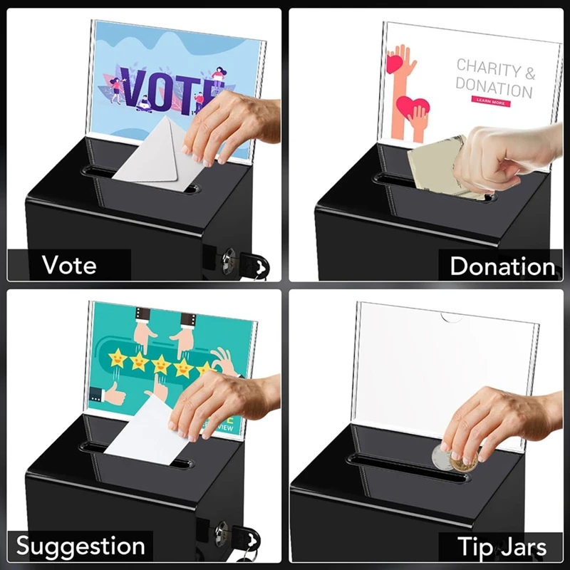 1 Pack Donation Box With Lock Ballot Box With Sign Holder Acrylic Black For Fundraising, Donation