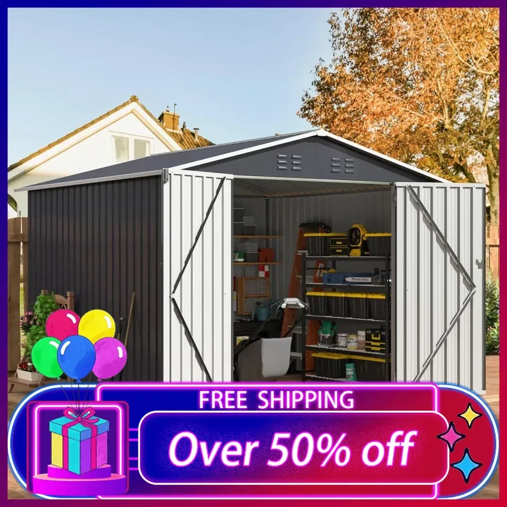 

8x8 FT Outdoor Storage Shed, Large Metal Garden Shed, Utility Metal Tool Storage with Lockable Doors and Updated Frame Structure