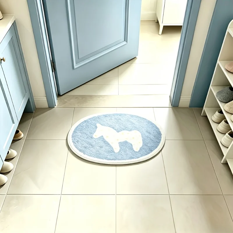 VIKAMA Blue White Pony Oval Rug Cartoon Horse Flannel Non Slip Soft Plush Floor Mat Bedroom Nursery Kids Room Decor Aesthetic