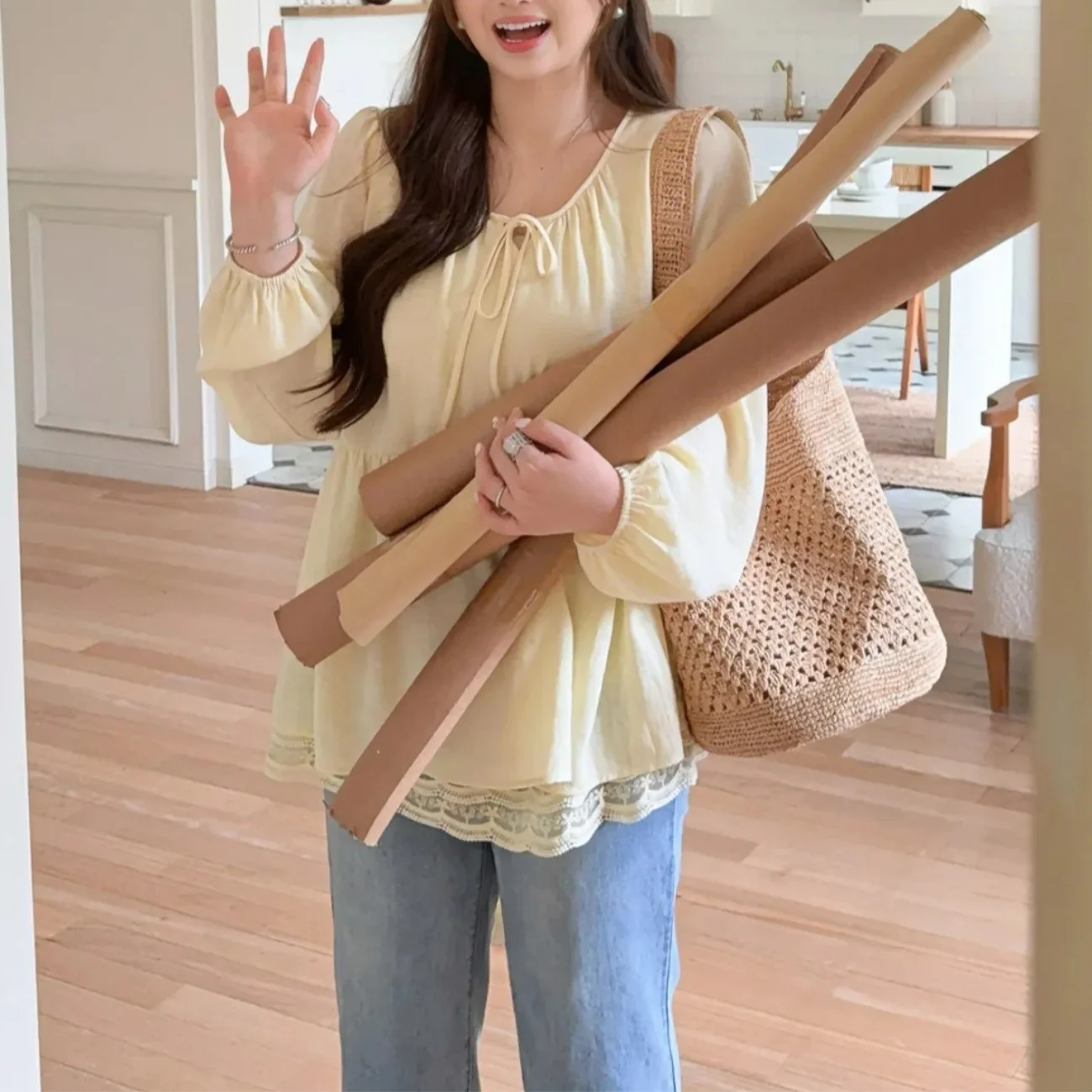 Loose Yellow Long Sve irt Women's Sle Doll irt Autumn Season Big Size Fat MM Fake Two-Piece Polyester Fiber Thin