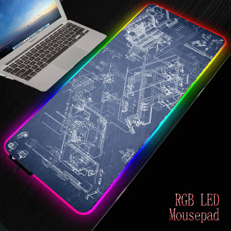 Technical Drawing RGB Mouse Pad LED Lighting Gaming Mousepad XXL Large Desk Mat Grande LED Mouse Pads Gamer for Keyboard Cushion