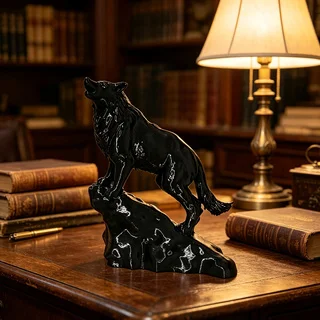 The statue of the howling wolf on the moon, a powerful desktop totem placed in offices, study rooms, or nature enthusiast spaces