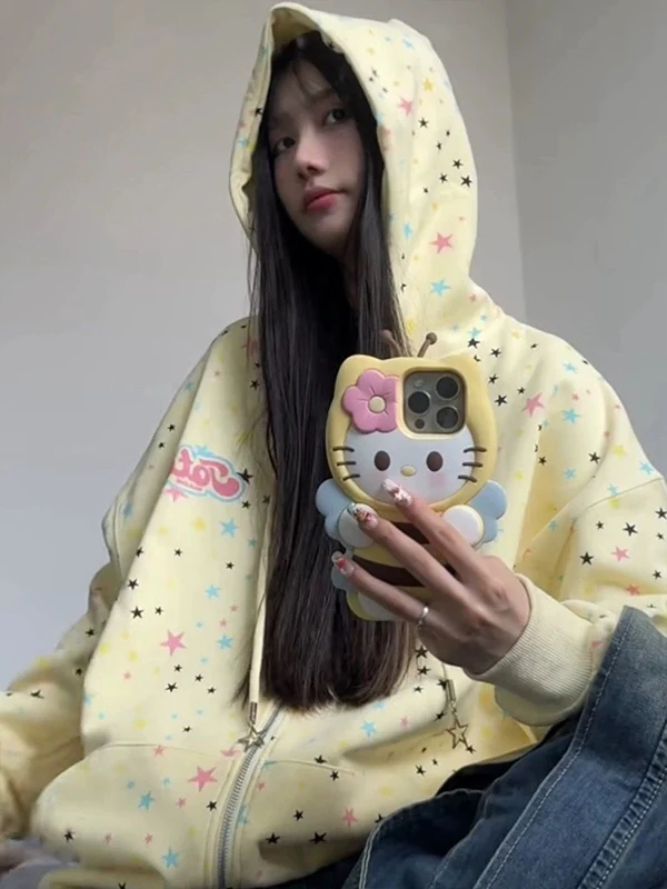 เสื้อแจ็คเก็ตมีฮู้ดซิปสำหรับผู้หญิง ผ้าบาง ใส่ได้ทั้งฤดูใบไม้ผลิและฤดูใบไม้ร่วง ลายดาว สไตล์ลำลอง ทรงหลวม แขนยาว สไตล์เกาหลี เหมาะสำหรับใส่ไปทำงาน แฟชั่นทันสมัย