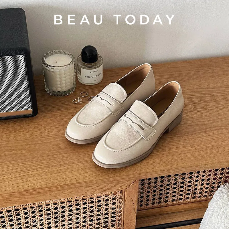 Beautoday Penny Loafers Women Genuine Cow Leather Round Toe Flats Slip-on Retro Vintage Ladies Casual Shoes Handmade HW26119