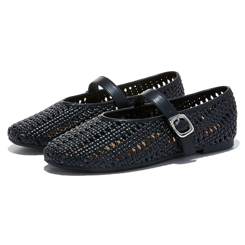 

Openwork Woven Designer Ballet Flats Women Fashion Metal Buckle Decoration Ballet Sneakers Comfortable Mary Jane Shoes for Women