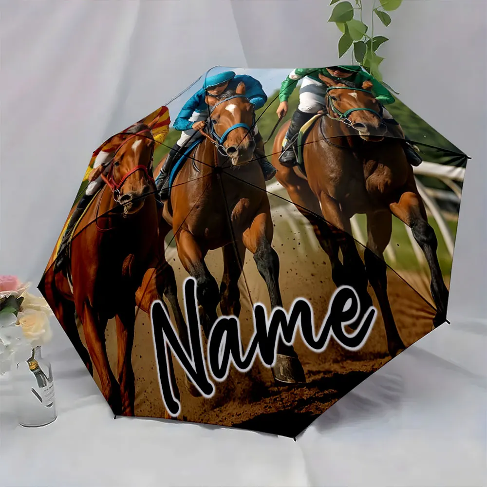Custom Name Horse Racing Design Umbrella for Sports Enthusiasts Print 8 Iron Ribs Folding Umbrella, Auto-Open Fashion Sunshade